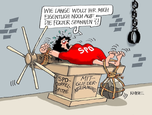 Cartoon: SPD Mitgliederbefragung (medium) by RABE tagged spd,kevin,kühnert,bmw,kollektivierung,rabe,ralf,böhme,cartoon,karikatur,pressezeichnung,farbcartoon,tagescartoon,ochs,esel,bayern,rad,sozialismus,planwirtschaft,honecker,ddr,sed,doppelspitze,basis,mitgliederbefragung,bewerber,auszählung,abstimmung,tant,folter,folterbank,olaf,scholz,spd,kevin,kühnert,bmw,kollektivierung,rabe,ralf,böhme,cartoon,karikatur,pressezeichnung,farbcartoon,tagescartoon,ochs,esel,bayern,rad,sozialismus,planwirtschaft,honecker,ddr,sed,doppelspitze,basis,mitgliederbefragung,bewerber,auszählung,abstimmung,tant,folter,folterbank,olaf,scholz