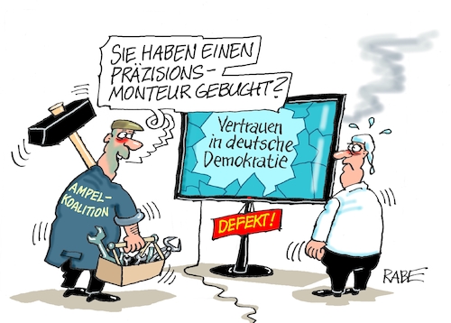 Cartoon: Spezialistenteam (medium) by RABE tagged olaf,scholz,bundeskanzler,ankündigung,zeitenwende,ergebnisse,opposition,union,rabe,ralf,böhme,cartoon,karikatur,pressezeichnung,farbcartoon,tagescartoon,kluft,spalt,brücke,ampel,ampelregierung,abgrund,demokratieverlust,demokratieabbau,umfrage,negativtrend,mechaniker,monteur,fernsehmonteur,tv,bildröhre,schaden,defekt,deutschland,michel,olaf,scholz,bundeskanzler,ankündigung,zeitenwende,ergebnisse,opposition,union,rabe,ralf,böhme,cartoon,karikatur,pressezeichnung,farbcartoon,tagescartoon,kluft,spalt,brücke,ampel,ampelregierung,abgrund,demokratieverlust,demokratieabbau,umfrage,negativtrend,mechaniker,monteur,fernsehmonteur,tv,bildröhre,schaden,defekt,deutschland,michel