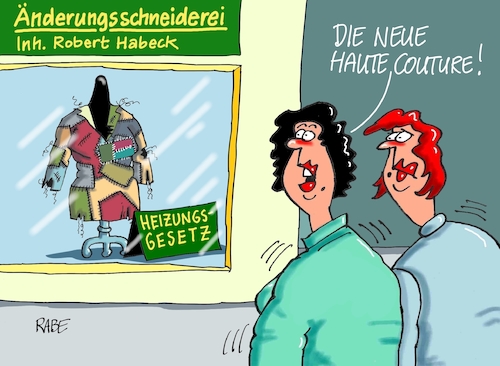 Cartoon: Spezialmode (medium) by RABE tagged heizung,heizungsgestz,heizungstausch,habeck,grüne,wärmepumpe,wärmewende,rabe,ralf,böhme,cartoon,karikatur,pressezeichnung,farbcartoon,tagescartoon,schaufenster,änderungsschneiderei,schaufensterpupe,flicken,flickschusterei,haute,couture,heizung,heizungsgestz,heizungstausch,habeck,grüne,wärmepumpe,wärmewende,rabe,ralf,böhme,cartoon,karikatur,pressezeichnung,farbcartoon,tagescartoon,schaufenster,änderungsschneiderei,schaufensterpupe,flicken,flickschusterei,haute,couture