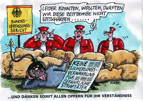 Cartoon: Sprengstoff (medium) by RABE tagged bundesverfassungsgericht,verfassungsrichter,bundesregierung,innenminister,cdu,justizministerin,kanzlerin,sicherungsverwahrung,haftverschonung,knast,gefängnis,täter,opfer,opferschutz,straftäter,verbrecher,mörder,kinderschänder,sexualstraftäter,einzelhaft,anstalt,freigang,richter,robe,gesetze,eu,krise,euro,paragraphen,jurist,staatsanwalt,verwahrung,verständnis,karlsruhe,zeitbombe,granate,zündstoff,sprengstoff,sandsäcke,entschärfung,sprengkommando,räumkommando,bundesverfassungsgericht,verfassungsrichter,bundesregierung,innenminister,cdu