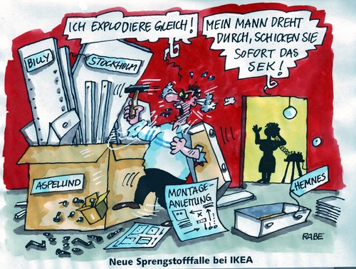 Cartoon: Sprengstofffalle (medium) by RABE tagged sicherheit,innenminister,cdu,bundesregierung,terror,attentat,merkel,kanzlerin,personenschutz,sprengstofffalle,alkaida,islam,terroristen,sprengstoffattentat,einrichtungshaus,ikea,schweden,filiale,stockholm,elch,skandenavien,billy,regal,aspelund,hemnes,schrank,truhe,kommode,montage,montageanleitung,euro,krise,aufbauanleitung,gebrauchsanweisung,werkzeug,schrauben,steckschlüssel,mann,frau,ehepaar,telefon,sek,soko,sondereinsatzkommando,spezialeinheit,sicherheit,innenminister,cdu,bundesregierung,attentat,terror,merkel,sprengstofffalle