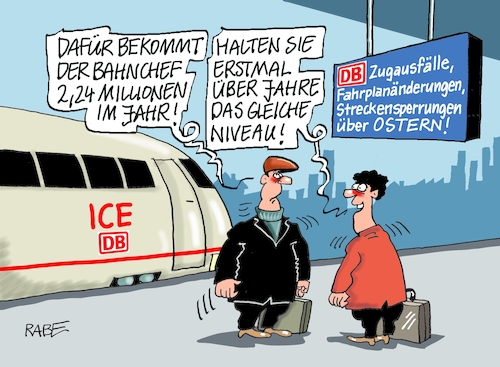 Cartoon: Stabiles Niveau (medium) by RABE tagged verkehrswende,deutsche,bahn,bahnsteig,reisende,lautsprecher,rabe,ralf,böhme,cartoon,karikatur,pressezeichnung,farbcartoon,tagescartoon,ostern,ostereiseverkehr,bahnkunbden,streckensperrungen,bahnchef,umleitungen,verspätungen,zugausfälle,chaos,osterreise,gehalt,jahresgehalt,millionen,verkehrswende,deutsche,bahn,bahnsteig,reisende,lautsprecher,rabe,ralf,böhme,cartoon,karikatur,pressezeichnung,farbcartoon,tagescartoon,ostern,ostereiseverkehr,bahnkunbden,streckensperrungen,bahnchef,umleitungen,verspätungen,zugausfälle,chaos,osterreise,gehalt,jahresgehalt,millionen