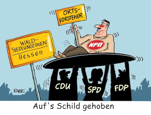 Cartoon: Steigbügelhalter (medium) by RABE tagged wahl,ortsvorsteher,stadtrat,cdu,spd,fdp,hessen,npd,vertreter,waldsiedlungeinen,rabe,ralf,böhme,cartoon,karikatur,pressezeichnung,farbcartoon,tagescartoon,schild,wahlhelfer,steigbügelhalter,wahl,ortsvorsteher,stadtrat,cdu,spd,fdp,hessen,npd,vertreter,waldsiedlungeinen,rabe,ralf,böhme,cartoon,karikatur,pressezeichnung,farbcartoon,tagescartoon,schild,wahlhelfer,steigbügelhalter