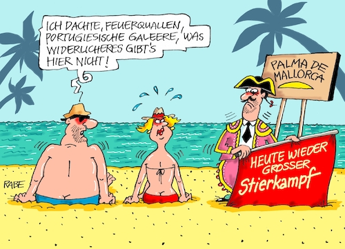 Cartoon: Stierkampf Palma de Mallorca (medium) by RABE tagged palma,de,mallorca,malle,urlauber,touristen,strand,meer,sangria,feuerquallen,quallenalarm,spanische,galeere,rabe,ralf,böhme,cartoons,karikatur,pressezeichnung,farbcartoon,tagescartoon,stier,stierkampf,arena,blut,matador,torero,tierschutz,schlachtfest,palma,de,mallorca,malle,urlauber,touristen,strand,meer,sangria,feuerquallen,quallenalarm,spanische,galeere,rabe,ralf,böhme,cartoons,karikatur,pressezeichnung,farbcartoon,tagescartoon,stier,stierkampf,arena,blut,matador,torero,tierschutz,schlachtfest