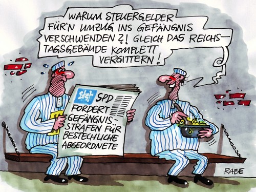 Cartoon: Strafmass (medium) by RABE tagged spd,bundesregierung,abgeornete,volksvertreter,transparenz,bestechung,bestechlichkeit,schnorrer,bestechungsgelder,wulff,privatkredit,ehrensold,steuergelder,umzug,gefängnis,strafe,verschwendung,reichstag,reichstagsgebäude,fenster,gitter,gitterstäbe,vergitterung,spd,bundesregierung,volksvertreter,bestechlichkeit,bestechung,wulff