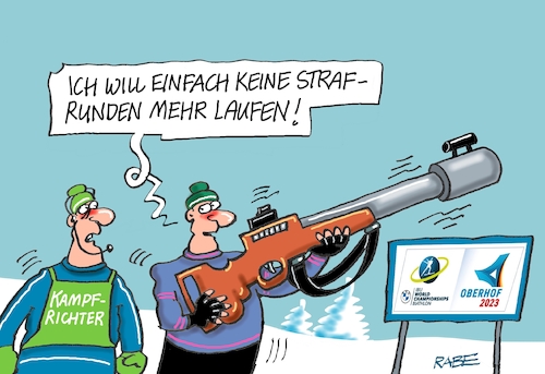 Cartoon: Strafrunden (medium) by RABE tagged oberhof,rennrodler,rennrodeln,schlitten,bob,bobbahn,eiskanal,sportler,rabe,ralf,böhme,cartoon,karikatur,pressezeichnung,farbcartoon,tagescartoon,biathlon,wm,weltmeisterschaft,gewehr,waffen,strafrunden,lauf,trainer,sport,wintersport,ski,oberhof,rennrodler,rennrodeln,schlitten,bob,bobbahn,eiskanal,sportler,rabe,ralf,böhme,cartoon,karikatur,pressezeichnung,farbcartoon,tagescartoon,biathlon,wm,weltmeisterschaft,gewehr,waffen,strafrunden,lauf,trainer,sport,wintersport,ski