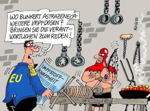 Cartoon: Streckbankgespräche (medium) by RABE tagged corona,bundländerkonferenz,merkel,kanzleramt,lockerungen,stufenplan,öffnungen,lockdown,shutdown,baumärkte,impfdosen,rki,fallzahlen,inzidenzwert,spahn,impfzentren,impfreihenfolge,eu,brüssel,astrazeneca,impfstoffknappheit,impfstoffhersteller,folterkammer,streckbank,henker,folterknecht,impfstoffbeschaffung,bunkern,corona,bundländerkonferenz,merkel,kanzleramt,lockerungen,stufenplan,öffnungen,lockdown,shutdown,baumärkte,impfdosen,rki,fallzahlen,inzidenzwert,spahn,impfzentren,impfreihenfolge,eu,brüssel,astrazeneca,impfstoffknappheit,impfstoffhersteller,folterkammer,streckbank,henker,folterknecht,impfstoffbeschaffung,bunkern