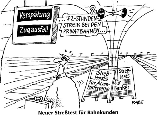 Cartoon: Streßtest (medium) by RABE tagged streßtest,banker,bahn,atomkraftwerke,bundesregierung,kanzlerin,merkel,cdu,krise,euro,bahnhof,bahnreisende,bahnkunden,bahnsteig,verspätung,zugausfal,db,gdl,lokführer,privatbahnen,zugverkehr,gewerkschaften,lohnforderung,lohnerhöhung,gehalt,tarif,tarifstreit,mann,koffer,reisegepäck,bahnsteigkante,servicepoint,streßtest,banker,atomkraftwerke,bahn,bundesregierung,kanzlerin,merkel,cdu,krise,euro,bahnhof,bahnreisende,verspätung,zugausfall,db,gdl,lokführer