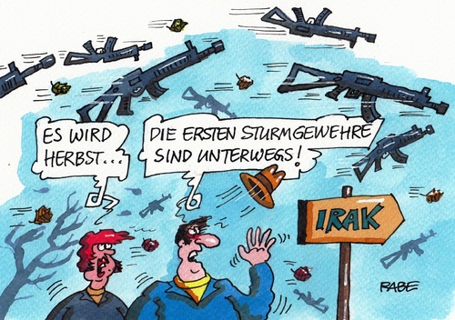 Cartoon: Stürmisches (medium) by RABE tagged sturmgewehre,waffenllieferung,waffenexporte,irak,nahost,kurden,islamisten,isis,is,terroristen,radikalislamisten,rüstungsexporte,rüstungsindustrie,rabe,ralf,böhme,cartoon,karikatur,pressezeichnung,farbcartoon,tagescartoon,herbst,wind,sturm,laub,blätter,sturmgewehre,waffenllieferung,waffenexporte,irak,nahost,kurden,islamisten,isis,is,terroristen,radikalislamisten,rüstungsexporte,rüstungsindustrie,rabe,ralf,böhme,cartoon,karikatur,pressezeichnung,farbcartoon,tagescartoon,herbst,wind,sturm,laub,blätter