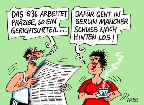 Cartoon: Sturmgewehr (medium) by RABE tagged sturmgewehr,heckler,koch,präzisionsfehler,ungenauigkeit,ursula,von,der,leyen,bundesverteidigungsministerin,bundeswehr,gerichtsurteil,rabe,ralf,böhme,cartoon,karikatur,pressezeichnung,farbcartoon,tagescartoon,mann,frau,zeitung,schuß,hinten,berlin,sturmgewehr,heckler,koch,präzisionsfehler,ungenauigkeit,ursula,von,der,leyen,bundesverteidigungsministerin,bundeswehr,gerichtsurteil,rabe,ralf,böhme,cartoon,karikatur,pressezeichnung,farbcartoon,tagescartoon,mann,frau,zeitung,schuß,hinten,berlin