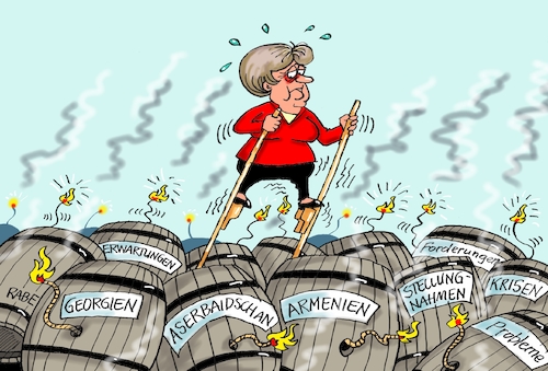 Cartoon: Südkaukasusreise Merkel (medium) by RABE tagged merkel,kanzlerin,bundestag,befragung,fragestunde,rede,antwort,parteien,abgeordnete,rabe,ralf,böhme,cartoon,karikatur,pressezeichnung,farbcartoon,tagescartoon,staatsreise,kaukasus,südkaukasusreise,georgien,aserbaidschan,armenien,völkermord,stellungnahme,türkei,erdogan,erwartungen,krisengebiet,pulverfässer,lunte,explosionsgefahr,probleme,stelzen,stelzenlauf,merkel,kanzlerin,bundestag,befragung,fragestunde,rede,antwort,parteien,abgeordnete,rabe,ralf,böhme,cartoon,karikatur,pressezeichnung,farbcartoon,tagescartoon,staatsreise,kaukasus,südkaukasusreise,georgien,aserbaidschan,armenien,völkermord,stellungnahme,türkei,erdogan,erwartungen,krisengebiet,pulverfässer,lunte,explosionsgefahr,probleme,stelzen,stelzenlauf