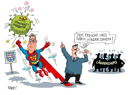 Cartoon: Superman Bodo (medium) by RABE tagged virus,corona,pandemie,coronakrise,rabe,ralf,böhme,cartoon,karikatur,pressezeichnung,farbcartoon,tagescartoon,viren,virenschutz,mundschutz,desinfektion,föderal,föderalismus,ländersache,aufhebung,coronabeschränkungen,lockerungen,kontaktverbote,länderchefs,bodo,ramelow,thüringen,ministerpräsidenten,virus,corona,pandemie,coronakrise,rabe,ralf,böhme,cartoon,karikatur,pressezeichnung,farbcartoon,tagescartoon,viren,virenschutz,mundschutz,desinfektion,föderal,föderalismus,ländersache,aufhebung,coronabeschränkungen,lockerungen,kontaktverbote,länderchefs,bodo,ramelow,thüringen,ministerpräsidenten