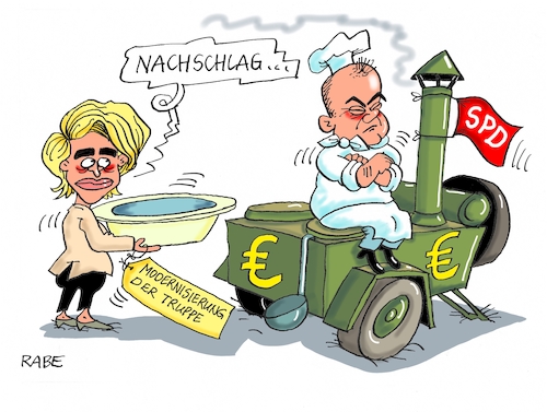 Cartoon: Suppenküchenkoch (medium) by RABE tagged bundeswehr,modernisierung,verteidigungsministerin,uschi,von,der,leyen,waffensysteme,alterung,schrott,rabe,ralf,böhme,cartoon,karikatur,pressezeichnung,farbcartoon,tagescartoon,olaf,scholz,spd,finanzminister,gulaschkanone,suppenteller,euro,koch,bundeswehr,modernisierung,verteidigungsministerin,uschi,von,der,leyen,waffensysteme,alterung,schrott,rabe,ralf,böhme,cartoon,karikatur,pressezeichnung,farbcartoon,tagescartoon,olaf,scholz,spd,finanzminister,gulaschkanone,suppenteller,euro,koch