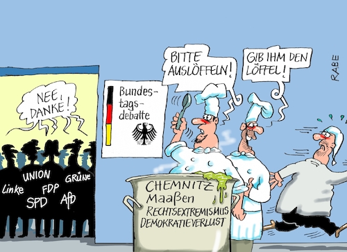 Cartoon: Suppenlöffel (medium) by RABE tagged chemnitz,sachsen,aufmarsch,demo,rabe,ralf,böhme,cartoon,karikatur,pressezeichnung,farbcartoon,tagescartoon,dresden,polizei,merkel,weg,dienstreise,westafrika,asyl,asylantrag,ausreise,maaßem,bfv,präsident,hetzjagd,demokratieverlust,rechtsextremismus,rechte,afd,linke,fdp,grüne,spd,cdu,csu,unionsuppe,löffel,köche,michel,chemnitz,sachsen,aufmarsch,demo,rabe,ralf,böhme,cartoon,karikatur,pressezeichnung,farbcartoon,tagescartoon,dresden,polizei,merkel,weg,dienstreise,westafrika,asyl,asylantrag,ausreise,maaßem,bfv,präsident,hetzjagd,demokratieverlust,rechtsextremismus,rechte,afd,linke,fdp,grüne,spd,cdu,csu,unionsuppe,löffel,köche,michel