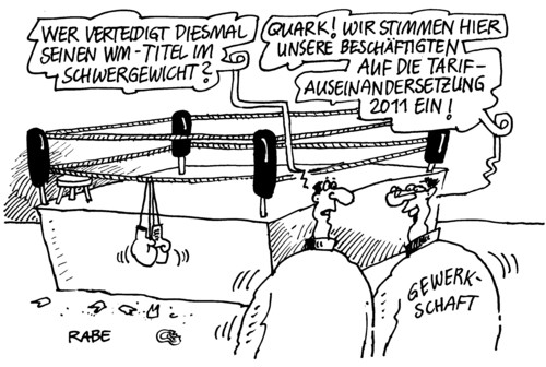 Cartoon: Tarifverhandlung 2011 (medium) by RABE tagged gewerkschaft,euro,verhandlung,arbeitskampf,verdi,boxen,boxring,schwergewicht,boxhandschuhe,trainer,fliegengewicht,tarifrunde,lohnforderung,lohnerhöhung,gehaltsrunde,angestellte,beamte,beschäftigte,streik,gewerkschaft,euro,verhandlung,arbeitskampf,verdi,boxen,fliegengewicht,tarifrunde,lohnforderung