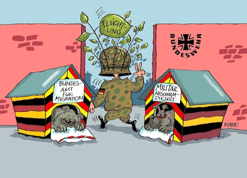 Cartoon: Tarnung (medium) by RABE tagged bundeswehr,kaserne,flüchtling,syrer,anschlag,tarnung,bundeswehrsoldat,terrorverdacht,bundesamt,für,migration,abschirmdienst,militär,innenminister,verteidigungsministerin,rabe,ralf,böhme,cartoon,karikatur,pressezeichnung,farbcartoon,tagescartoon,wachhäuschen,wachhunde,schläfer,schnarcher,tarnanzug,bundeswehr,kaserne,flüchtling,syrer,anschlag,tarnung,bundeswehrsoldat,terrorverdacht,bundesamt,für,migration,abschirmdienst,militär,innenminister,verteidigungsministerin,rabe,ralf,böhme,cartoon,karikatur,pressezeichnung,farbcartoon,tagescartoon,wachhäuschen,wachhunde,schläfer,schnarcher,tarnanzug