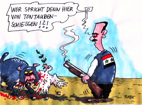 Cartoon: Taubenschiessen (medium) by RABE tagged syrien,assad,regime,regimetruppen,offensive,frieden,friedensvereinbarung,friedentaube,oelzweig,regierungstruppen,protesthochburg,oppositionelle,homs,hama,un,kofi,annan,waffenruhe,waffenstillstandhund,bluthund,jagd,jagdhund,taube,tontaube,tontaubenschießen,gewehr,jagdgewehr,syrien,assad,regime,regimetruppen,friedensvereinbarung,friedentaube,regierungstruppen,protesthochburg