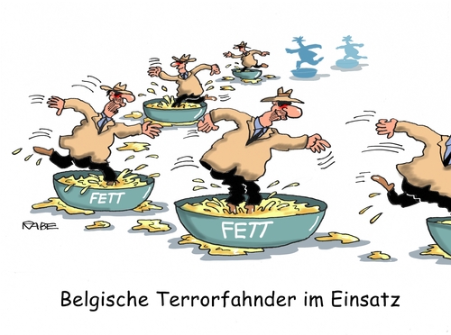 Cartoon: Terrorfahnder im Fettnapf (medium) by RABE tagged brüssel,terror,anschläge,selbstmordattentäter,sprengstoffgürtel,is,islamisten,rabe,ralf,böhme,cartoon,karikatur,pressezeichnung,farbcartoon,tagescartoon,karikaturist,terrorfahnder,belgien,fett,fettnäpfe,brüssel,terror,anschläge,selbstmordattentäter,sprengstoffgürtel,is,islamisten,rabe,ralf,böhme,cartoon,karikatur,pressezeichnung,farbcartoon,tagescartoon,karikaturist,terrorfahnder,belgien,fett,fettnäpfe