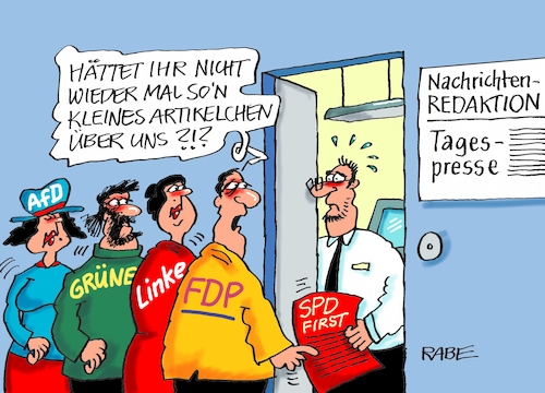 Cartoon: Thema Nummer Eins (medium) by RABE tagged sonderparteitag,spd,martin,schulz,ja,groko,koalitionsverhandlungen,rabe,ralf,böhme,cartoon,karikatur,pressezeichnung,farbcartoon,tagescartoon,merkel,union,koalitionsgespräche,neuwahlen,andrea,nahles,olaf,scholz,aschermittwoch,fraktionsvorsitz,urwahlen,afd,fdp,linke,grüne,tagespresse,tagesthema,redaktion,journalist,zeitung,schlagzeile,sonderparteitag,spd,martin,schulz,ja,groko,koalitionsverhandlungen,rabe,ralf,böhme,cartoon,karikatur,pressezeichnung,farbcartoon,tagescartoon,merkel,union,koalitionsgespräche,neuwahlen,andrea,nahles,olaf,scholz,aschermittwoch,fraktionsvorsitz,urwahlen,afd,fdp,linke,grüne,tagespresse,tagesthema,redaktion,journalist,zeitung,schlagzeile