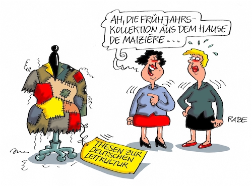 Cartoon: Thesenpapier (medium) by RABE tagged innenminister,de,maiziere,thesen,thesenpapier,integration,leitkultur,rabe,ralf,böhme,cartoon,karikatur,pressezeichnung,farbcartoon,tagescartoon,mode,haute,couture,frühjahr,frühjahrskollektion,kleiderständet,schaufensterpuppe,flicken,flickenteppich,punktekatalog,zehn,einwanderungspolitik,einwanderungsgesetz,innenminister,de,maiziere,thesen,thesenpapier,integration,leitkultur,rabe,ralf,böhme,cartoon,karikatur,pressezeichnung,farbcartoon,tagescartoon,mode,haute,couture,frühjahr,frühjahrskollektion,kleiderständet,schaufensterpuppe,flicken,flickenteppich,punktekatalog,zehn,einwanderungspolitik,einwanderungsgesetz