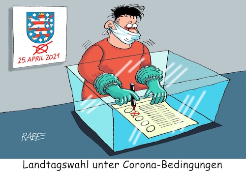 Cartoon: Thüringen will wählen (medium) by RABE tagged corona,bildung,bildungsminister,kanzleramt,bildungskonferenz,lehrerkonferenz,laptop,ausstatung,digitalisierung,bildungsmonitor,internetzugan,wlan,aufwachen,lockdown,teillockdown,briefwahl,abstandsregeln,coronaregeln,fallzahlen,thüringen,landtagswahl,ramelow,wahlkabine,wähler,april,corona,bildung,bildungsminister,kanzleramt,bildungskonferenz,lehrerkonferenz,laptop,ausstatung,digitalisierung,bildungsmonitor,internetzugan,wlan,aufwachen,lockdown,teillockdown,briefwahl,abstandsregeln,coronaregeln,fallzahlen,thüringen,landtagswahl,ramelow,wahlkabine,wähler,april