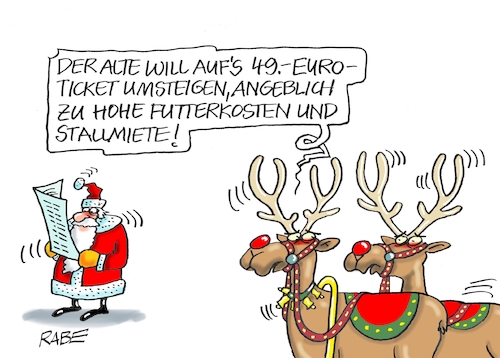 Cartoon: Ticket to spar (medium) by RABE tagged weihnachten,weihnachtsmann,schlitten,rentiere,futterkosten,stallmiete,rabe,ralf,böhme,cartoon,karikatur,pressezeichnung,farbcartoon,tagescartoon,bahn,wissing,ticket,neun,euro,spartarif,fahrschein,fahrkarte,feiern,verkehr,reiseverkehr,weihnachten,weihnachtsmann,schlitten,rentiere,futterkosten,stallmiete,rabe,ralf,böhme,cartoon,karikatur,pressezeichnung,farbcartoon,tagescartoon,bahn,wissing,ticket,neun,euro,spartarif,fahrschein,fahrkarte,feiern,verkehr,reiseverkehr