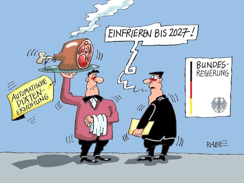 Cartoon: Tiefgekühltes (medium) by RABE tagged merz,kanzler,koalition,union,spd,klingbeil,cartoon,karikatur,pressezeichnung,farbcartoon,tagescartoon,db,bahn,frühling,frühjahr,frühjahrsputz,ice,zug,blumenkasten,blumenkästen,diät,diäten,diätenerhöhung,verzicht,tiefkühlkost,regierung,abgeordnete,spahn,merz,kanzler,koalition,union,spd,klingbeil,cartoon,karikatur,pressezeichnung,farbcartoon,tagescartoon,db,bahn,frühling,frühjahr,frühjahrsputz,ice,zug,blumenkasten,blumenkästen,diät,diäten,diätenerhöhung,verzicht,tiefkühlkost,regierung,abgeordnete,spahn