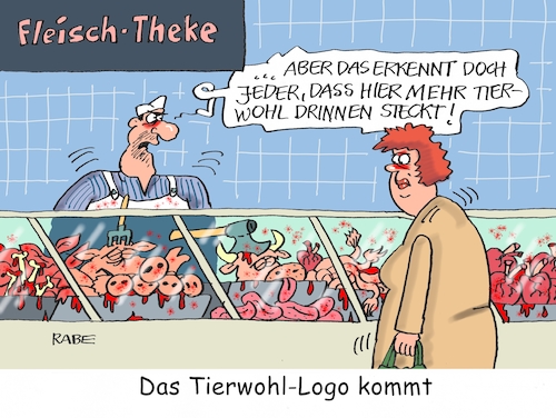 Cartoon: Tierwohl II (medium) by RABE tagged klöckner,agrarministerin,schweine,tiere,tierwohl,rabe,ralf,böhme,cartoon,karikatur,pressezeichnung,farbcartoon,tagescartoon,stall,tiertransporter,tierschutz,verbraucher,tierwohlkennzeichnung,fleisch,fleischtheke,kennzeichnung,blut,knochen,herz,klöckner,agrarministerin,schweine,tiere,tierwohl,rabe,ralf,böhme,cartoon,karikatur,pressezeichnung,farbcartoon,tagescartoon,stall,tiertransporter,tierschutz,verbraucher,tierwohlkennzeichnung,fleisch,fleischtheke,kennzeichnung,blut,knochen,herz