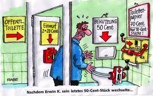 Cartoon: Toilettengebühr (medium) by RABE tagged öffentliche,toilkette,gebühr,euro,toilettenbenutzung,cent,klopapier,händewaschen,mann,tiolettenbrille,einwurf,tiolettenfrau,türe,waschbecken,kloschüssel,bedürfnisanstalt,öffentliche,toilkette,gebühr,euro,toilettenbenutzung,klopapier,händewaschen,mann,tiolettenfrau,waschbecken,toilettenbrille,bedürfnisanstalt,kloschüssel,wc