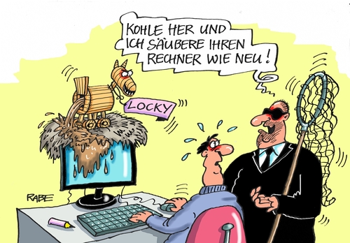 Cartoon: Trojaner Locky (medium) by RABE tagged trojaner,locky,computerwurm,pc,rechner,absturz,festplatte,schaden,rabe,ralf,böhme,cartoon,karikatur,pressezeichnung,farbcartoon,tagescartoon,fänger,netz,internet,infizierung,viren,virenschutz,virenschutzprogramm,nest,trojaner,locky,computerwurm,pc,rechner,absturz,festplatte,schaden,rabe,ralf,böhme,cartoon,karikatur,pressezeichnung,farbcartoon,tagescartoon,fänger,netz,internet,infizierung,viren,virenschutz,virenschutzprogramm,nest