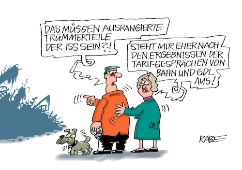 Cartoon: Trümmerfeld (medium) by RABE tagged bahn,db,bahnkunden,fahrpreis,fahrpreiserhöhung,rabe,ralf,böhme,cartoon,karikatur,pressezeichnung,farbcartoon,tagescartoon,schnellzug,bahnticket,schlusslicht,passagiere,bahnreisende,puffer,weselsky,bahnstreik,streik,gdl,lokführer,gewerkschaften,schlichter,tarifverhandlungen,verhandlungen,mann,frau,hund,trümmer,trümmerhaufen,trümmerfeld,absturz,erde,erdatmosphäre,iss,raumstation,teile,all,raumfahrt,raumfahrtbehörde,bahn,db,bahnkunden,fahrpreis,fahrpreiserhöhung,rabe,ralf,böhme,cartoon,karikatur,pressezeichnung,farbcartoon,tagescartoon,schnellzug,bahnticket,schlusslicht,passagiere,bahnreisende,puffer,weselsky,bahnstreik,streik,gdl,lokführer,gewerkschaften,schlichter,tarifverhandlungen,verhandlungen,mann,frau,hund,trümmer,trümmerhaufen,trümmerfeld,absturz,erde,erdatmosphäre,iss,raumstation,teile,all,raumfahrt,raumfahrtbehörde