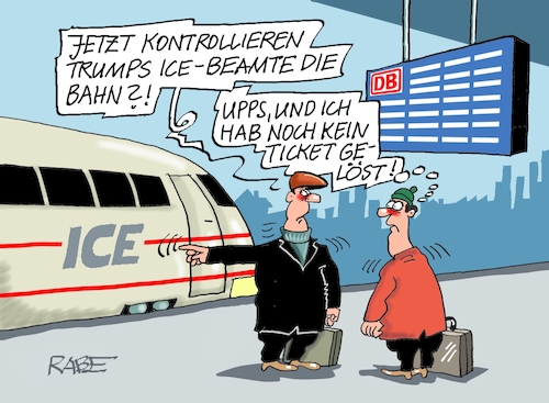 Cartoon: Trump bei der Bahn (medium) by RABE tagged trump,präsident,usa,donald,einmarsch,erstürmung,cartoon,karikatur,pressezeichnung,rabe,ralf,böhme,farbcartoon,tagescartoon,venezuela,südamerika,maduro,regimewechsel,weltordnung,kongress,völkerrecht,db,bahn,ice,zug,schwarzfahrer,ticket,kontrolle,bahnsteig,fahrplan,ausländerbehörde,trump,präsident,usa,donald,einmarsch,erstürmung,cartoon,karikatur,pressezeichnung,rabe,ralf,böhme,farbcartoon,tagescartoon,venezuela,südamerika,maduro,regimewechsel,weltordnung,kongress,völkerrecht,db,bahn,ice,zug,schwarzfahrer,ticket,kontrolle,bahnsteig,fahrplan,ausländerbehörde