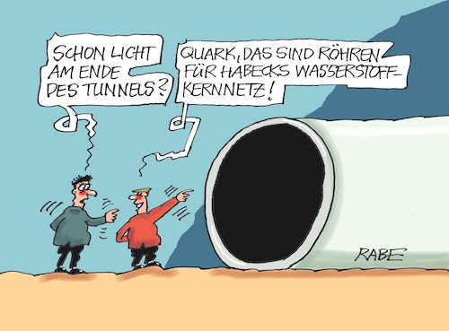 Cartoon: Tunnelblick (medium) by RABE tagged habeck,grüne,wasserstoff,wasserstoffkernnetz,netz,kernnetz,wasserstoffenergie,rabe,ralf,böhme,cartoon,karikatur,pressezeichnung,farbcartoon,tagescartoon,rohr,röhre,tunnel,tunnelblick,licht,ende,habeck,grüne,wasserstoff,wasserstoffkernnetz,netz,kernnetz,wasserstoffenergie,rabe,ralf,böhme,cartoon,karikatur,pressezeichnung,farbcartoon,tagescartoon,rohr,röhre,tunnel,tunnelblick,licht,ende