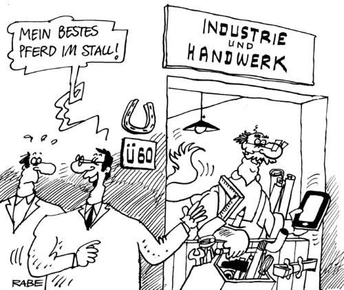 Cartoon: Über Sechzig (medium) by RABE tagged rentner,handwerker,rente,pferd,stall,handwerkskammer,industrie,hufeisen,angestellte,beschäftigte,erfahrung,chef,firma,firmenleitung,rentner,handwerker,rente,pferd,stall,handwerkskammer,industrie,angestellte,beschäftigte,erfahrung