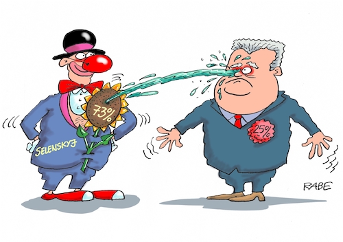 Cartoon: Ukraine Wahl (medium) by RABE tagged putin,ukraine,russland,kreml,poroschenko,ukrainekrise,rabe,ralf,böhme,cartoon,karikatur,pressezeichnung,farbcartoon,meer,marineschiffe,handelsschiffe,festnahmen,kriegsschiffe,provokation,merkel,eu,selenskyj,wahl,wahlbeobachter,nato,natopartner,clown,komiker,sonnenblume,putin,ukraine,russland,kreml,poroschenko,ukrainekrise,rabe,ralf,böhme,cartoon,karikatur,pressezeichnung,farbcartoon,meer,marineschiffe,handelsschiffe,festnahmen,kriegsschiffe,provokation,merkel,eu,selenskyj,wahl,wahlbeobachter,nato,natopartner,clown,komiker,sonnenblume