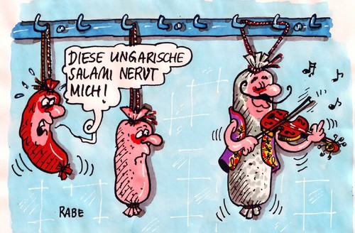 Cartoon: Ungarische Salami (medium) by RABE tagged fleischerei,metzgerei,dioxin,biokost,wurst,aufschnitt,salami,ungarische,budapest,fleischerfachgeschäft,knackwurst,fleischwurst,blutwurst,leberwurst,fleischerhaken,schlachthaus,wurstfabrik,mett,geige,geigenbogen,musik,pusta,zigeunermusik,cszardas,volksmusik,zigeunerensemble,moll,dur,stehgeiger,fleischerei,metzgerei,dioxin,biokost,wurst,salami,budapest,fleischerfachgeschäft,knackwurst,fleischwurst,blutwurst,leberwurst,fleischerhaken,schlachthaus,essen,fleisch,bio