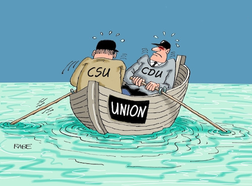 Cartoon: Union Submarine (medium) by RABE tagged merkel,kanzlerin,bundestag,befragung,fragestunde,rede,antwort,parteien,abgeordnete,rabe,ralf,böhme,cartoon,karikatur,pressezeichnung,farbcartoon,tagescartoon,union,cdu,csu,unionsstreit,zersplitterung,boot,ruderer,kreisverkehr,wasser,see,untergang,querelen,seehofer,bayernwahl,flüchtlingskrise,merkel,kanzlerin,bundestag,befragung,fragestunde,rede,antwort,parteien,abgeordnete,rabe,ralf,böhme,cartoon,karikatur,pressezeichnung,farbcartoon,tagescartoon,union,cdu,csu,unionsstreit,zersplitterung,boot,ruderer,kreisverkehr,wasser,see,untergang,querelen,seehofer,bayernwahl,flüchtlingskrise