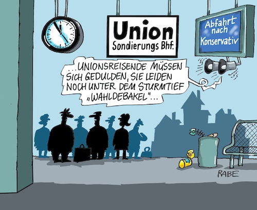 Cartoon: Unionsbahnhof Zwei (medium) by RABE tagged sondierung,sondierungsgespräche,merkel,seehofer,union,obergrenze,cdu,csu,schwesterpartei,berlin,wahldebakel,uneinigkeit,rabe,ralf,böhme,cartoon,karikatur,pressezeichnung,farbcartoon,tagescartoon,bahnhof,reisende,verspätung,sturmtief,schäden,beseitigung,bahn,bahnreisende,sondierung,sondierungsgespräche,merkel,seehofer,union,obergrenze,cdu,csu,schwesterpartei,berlin,wahldebakel,uneinigkeit,rabe,ralf,böhme,cartoon,karikatur,pressezeichnung,farbcartoon,tagescartoon,bahnhof,reisende,verspätung,sturmtief,schäden,beseitigung,bahn,bahnreisende