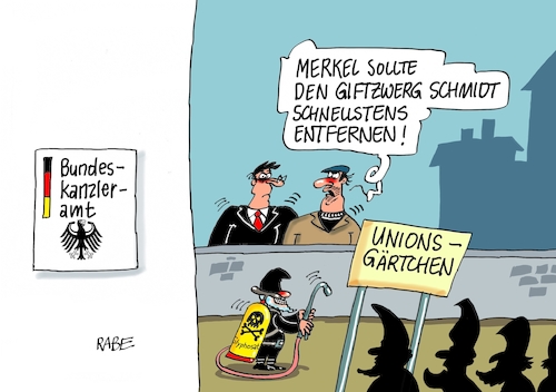 Cartoon: Unionsgärtchen (medium) by RABE tagged schmidt,agrarminister,cdu,alleingang,merkel,rabe,ralf,böhme,cartoon,karikatur,pressezeichnung,farbcartoon,tagescartoon,glyphosat,gift,eu,schädlingsbekämpfung,giftzwerg,giftspritze,schmidt,agrarminister,cdu,alleingang,merkel,rabe,ralf,böhme,cartoon,karikatur,pressezeichnung,farbcartoon,tagescartoon,glyphosat,gift,eu,schädlingsbekämpfung,giftzwerg,giftspritze