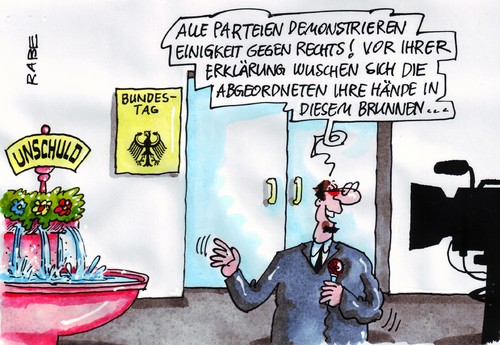 Cartoon: Unschuldslämmer (medium) by RABE tagged bundestag,bundesregierung,parteien,abstimmung,erklärung,naziterror,neonazis,neonaziverbot,polizei,verfassungsschutz,bka,innenminister,friedrich,csu,brunnen,unschuld,demonstration,gewalt,terror,rechts,rechte,szene,abgeordnete,hände,wasser,bundestag,bundesregierung,parteien,abstimmung,erklärung,naziterror,neonazis,neonaziverbot,polizei,bka,verfassungsschutz,innenminister,brunnen,unschuld,demonstration