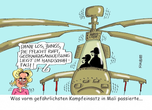 Cartoon: Vaterlandsverteidigung in Mali (medium) by RABE tagged mali,afrika,hubschrauber,tiger,besatzung,absturz,kampfeinsatz,landesverteidigung,rabe,ralf,böhme,cartoon,karikatur,pressezeichnung,farbcartoon,tagescartoon,verteidigungsministerin,von,der,leyen,gebrauchsanweisung,abschuß,piloten,handschuhfach,mali,afrika,hubschrauber,tiger,besatzung,absturz,kampfeinsatz,landesverteidigung,rabe,ralf,böhme,cartoon,karikatur,pressezeichnung,farbcartoon,tagescartoon,verteidigungsministerin,von,der,leyen,gebrauchsanweisung,abschuß,piloten,handschuhfach