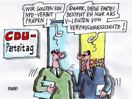 Cartoon: Verfassungsgeschütztes (medium) by RABE tagged kanzlerin,merkel,parteivorsitz,parteispitze,parteitag,bundesparteitag,cdu,leipzig,abgeordnete,abstimmung,verfassungsschutz,verfassungsschützer,nazi,neonazi,spitzel,npd,verbot,prüfung,quark,schulpolitik,leitantrag,bildung,bildungspolitik,mindestlohn,parteitagsbeschluss,mehrheit,rechtsterroristen,gewalt,euro,bundesparteitag,parteitag,parteispitze,parteivorsitz,merkel,kanzlerin,abgeordnete,abstimmung