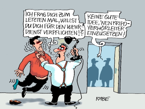 Cartoon: Verhörtechnik (medium) by RABE tagged merz,union,kanzler,fritze,koalition,spd,klingbeil,bundesregierung,rabe,ralf,böhme,cartoon,karikatur,pressezeichnung,farbcartoon,tagescartoon,trump,putin,krisen,tv,nachrichten,waschmaschine,pistorius,wehrdienst,wehrdienstgesetz,bundeswehr,wehrpflicht,militär,kripo,verhör,verpflichtung,merz,union,kanzler,fritze,koalition,spd,klingbeil,bundesregierung,rabe,ralf,böhme,cartoon,karikatur,pressezeichnung,farbcartoon,tagescartoon,trump,putin,krisen,tv,nachrichten,waschmaschine,pistorius,wehrdienst,wehrdienstgesetz,bundeswehr,wehrpflicht,militär,kripo,verhör,verpflichtung