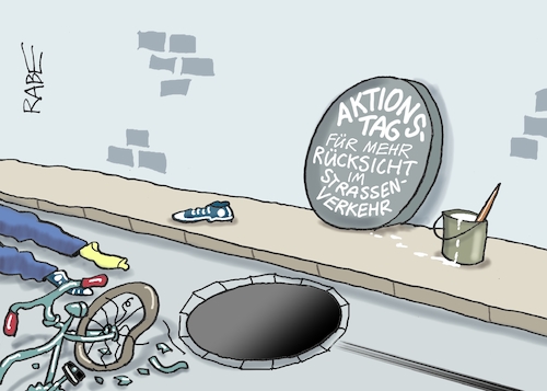 Cartoon: Verkehrssicherheit (medium) by RABE tagged aktionstag,verkehr,strassenverkehr,verkehrssicherheit,rücksicht,achtung,strasse,gehweg,radfahrer,rabe,ralf,böhme,cartoon,krikatur,pressezeichnung,farbcartoon,tagescartoon,gulli,gullideckel,kanal,kanaldeckel,kanalschacht,gullischacht,unfall,sturtz,polizei,blechschaden,aktionstag,verkehr,strassenverkehr,verkehrssicherheit,rücksicht,achtung,strasse,gehweg,radfahrer,rabe,ralf,böhme,cartoon,krikatur,pressezeichnung,farbcartoon,tagescartoon,gulli,gullideckel,kanal,kanaldeckel,kanalschacht,gullischacht,unfall,sturtz,polizei,blechschaden