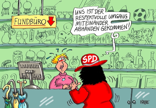 Cartoon: Verlorenes (medium) by RABE tagged nahles,spd,fraktionsvorsitz,doppelspitz,trio,rücktritt,respektvoll,kühnert,rabe,ralf,böhme,cartoons,karikatur,pressezeichnung,farbcatoon,tagesartoon,fundbüro,dreyer,gümbel,schwesig,tante,grokokandidatensuche,nahles,spd,fraktionsvorsitz,doppelspitz,trio,rücktritt,respektvoll,kühnert,rabe,ralf,böhme,cartoons,karikatur,pressezeichnung,farbcatoon,tagesartoon,fundbüro,dreyer,gümbel,schwesig,tante,grokokandidatensuche