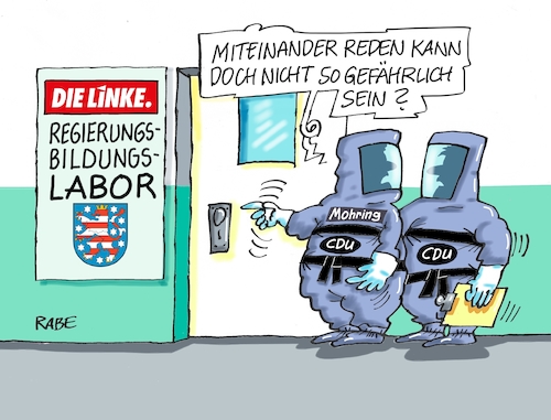 Cartoon: Versuchslabor Thüringen (medium) by RABE tagged landtagswahlen,wahlergebnisse,sachsen,brandenburg,groko,spd,cdu,rabe,ralf,böhme,cartoon,karikatur,pressezeichnung,farbcartoon,tagescartoon,arzt,doktor,csu,afd,verluste,rechte,populismus,thüringen,erfurt,bodo,ramelow,linke,mike,mohring,regierungsbildung,versuchslabor,schutzanzug,landtagswahlen,wahlergebnisse,sachsen,brandenburg,groko,spd,cdu,rabe,ralf,böhme,cartoon,karikatur,pressezeichnung,farbcartoon,tagescartoon,arzt,doktor,csu,afd,verluste,rechte,populismus,thüringen,erfurt,bodo,ramelow,linke,mike,mohring,regierungsbildung,versuchslabor,schutzanzug