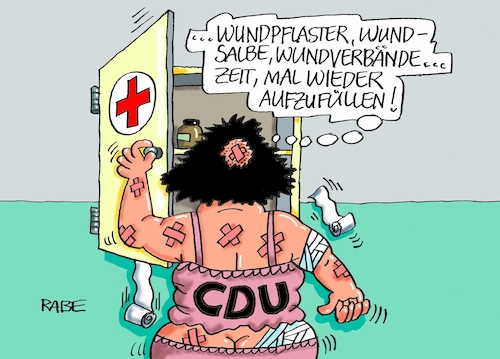 Cartoon: Verwundetet (medium) by RABE tagged cdu,csu,schwesterpartei,union,tillich,rücktritt,ministerpräsident,sachsen,merkel,kanzlerin,rechte,afd,rabe,ralf,böhme,cartoon,karikatur,pressezeichnung,farbcartoon,tagescartoon,nachfolger,seehofer,sondierungsgespräche,jamaika,wunden,pflaster,wundsalbe,wundpflaster,wundverband,hausapotheke,cdu,csu,schwesterpartei,union,tillich,rücktritt,ministerpräsident,sachsen,merkel,kanzlerin,rechte,afd,rabe,ralf,böhme,cartoon,karikatur,pressezeichnung,farbcartoon,tagescartoon,nachfolger,seehofer,sondierungsgespräche,jamaika,wunden,pflaster,wundsalbe,wundpflaster,wundverband,hausapotheke