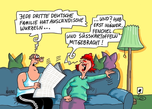 Cartoon: Verwurzeltes (medium) by RABE tagged migranten,migration,ausländerbeauftragter,ausländer,wurzelgemüse,wurzeln,pressezeichnung,karikatur,cartoon,böhme,ralf,rabe,integration,süßkartoffeln,fenchel,ingwer,couch,ehepaar,tagescartoon,farbcartoon,deutschland,wurzeln,wurzelgemüse,ausländer,ausländerbeauftragter,migration,migranten,integration,rabe,ralf,böhme,cartoon,karikatur,pressezeichnung,farbcartoon,tagescartoon,ehepaar,couch,ingwer,fenchel,süßkartoffeln,deutschland