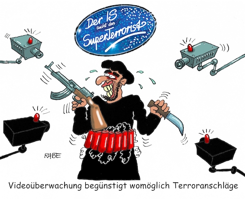 Cartoon: Videoüberwachung Zwei (medium) by RABE tagged video,videoüberwachung,plätze,bahnhöfe,flughafen,kamera,rabe,ralf,böhme,cartoon,karikatur,pressezeichnung,farbcartoon,tagescartoon,terrorist,anschlag,anschlagserie,is,maschinengewehr,sprengstoffgürtel,video,videoüberwachung,plätze,bahnhöfe,flughafen,kamera,rabe,ralf,böhme,cartoon,karikatur,pressezeichnung,farbcartoon,tagescartoon,terrorist,anschlag,anschlagserie,is,maschinengewehr,sprengstoffgürtel