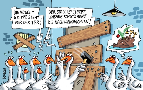 Cartoon: Vogelgrippe (medium) by RABE tagged vogelgrippe,schutzzone,wildvögel,gänse,hühner,enten,truthahn,rabe,ralf,böhme,cartoon,karikatur,pressezeichnung,farbcartoon,tagescartoon,geflügel,stall,bauernhof,weihnachten,weihnachtsgans,festtagsbraten,festtage,weihnachtsfest,braten,gänsebraten,entenbraten,vogelgrippe,schutzzone,wildvögel,gänse,hühner,enten,truthahn,rabe,ralf,böhme,cartoon,karikatur,pressezeichnung,farbcartoon,tagescartoon,geflügel,stall,bauernhof,weihnachten,weihnachtsgans,festtagsbraten,festtage,weihnachtsfest,braten,gänsebraten,entenbraten